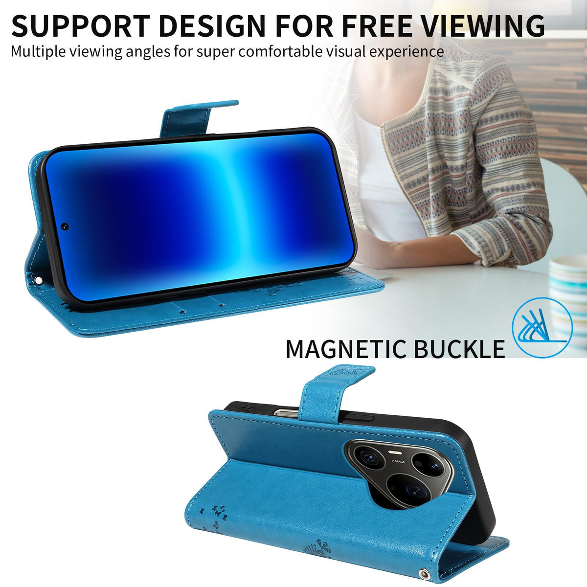 For Huawei Pura 90 Pro Max 5G Tree & Cat Embossed Pattern Flip Leather Phone Case - Blue - EDA006653609D