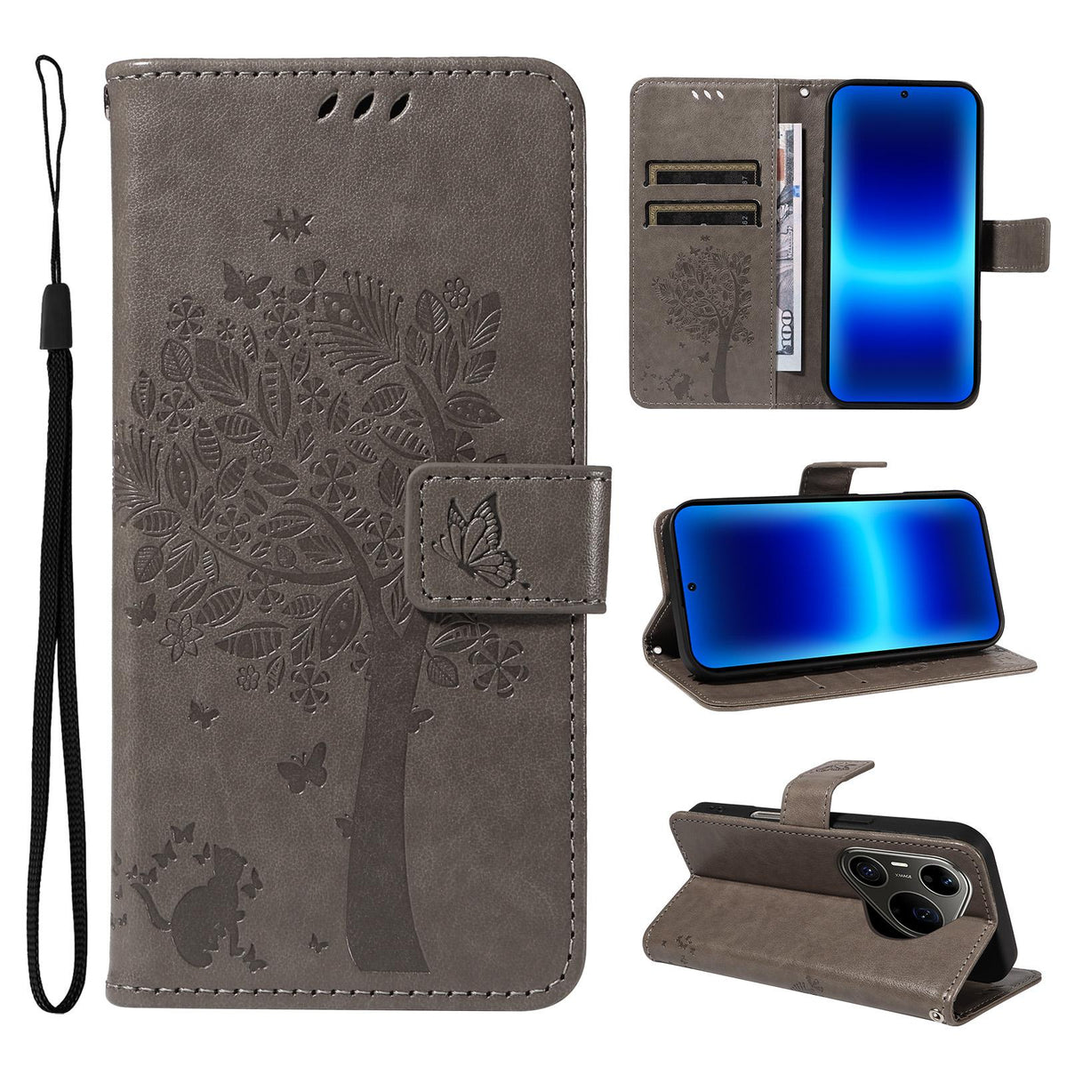 For Huawei Pura 90 Pro Max 5G Tree & Cat Embossed Pattern Flip Leather Phone Case - Grey - EDA006653609E