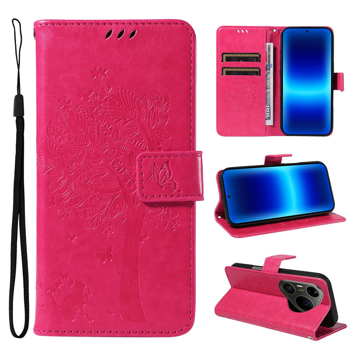 For Huawei Pura 90 Pro Max 5G Tree & Cat Embossed Pattern Flip Leather Phone Case - Rose Red - EDA006653609F