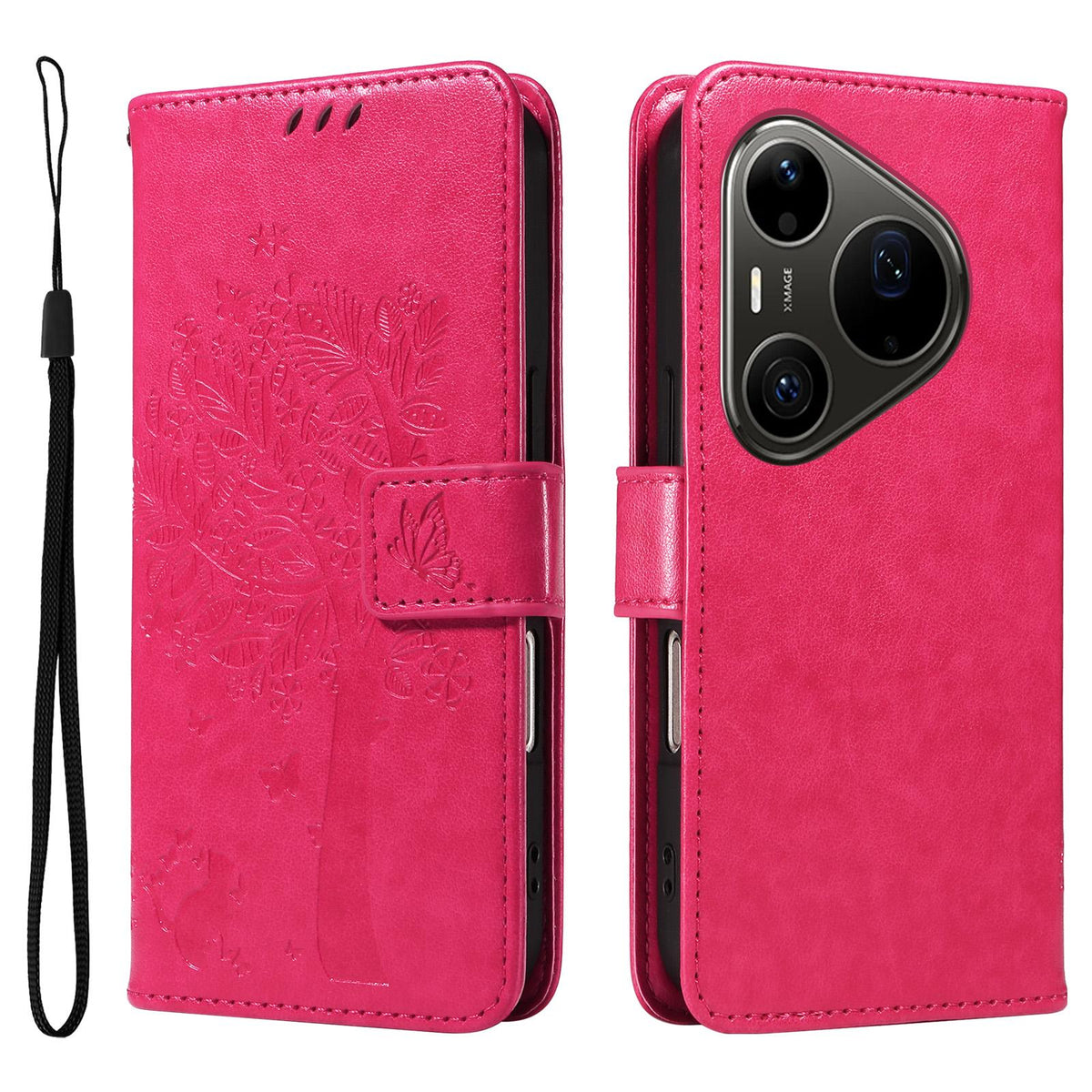 For Huawei Pura 90 Pro Max 5G Tree & Cat Embossed Pattern Flip Leather Phone Case - Rose Red - EDA006653609F