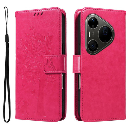 For Huawei Pura 90 Pro Max 5G Tree & Cat Embossed Pattern Flip Leather Phone Case - Rose Red - EDA006653609F