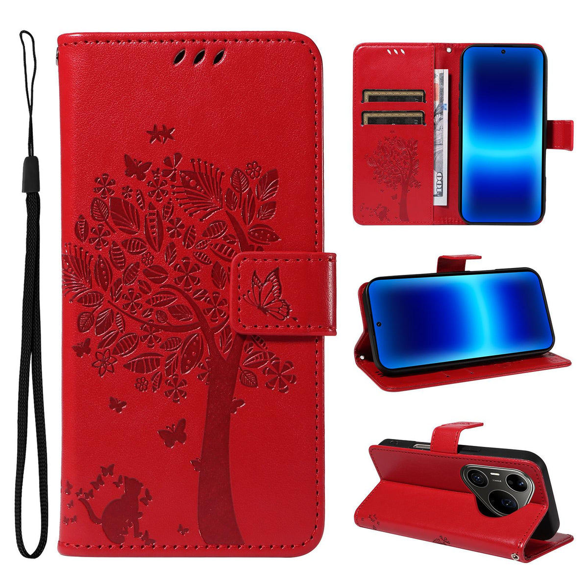 For Huawei Pura 90 Pro Max 5G Tree & Cat Embossed Pattern Flip Leather Phone Case - Red - EDA006653609G