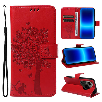 For Huawei Pura 90 Pro Max 5G Tree & Cat Embossed Pattern Flip Leather Phone Case - Red - EDA006653609G
