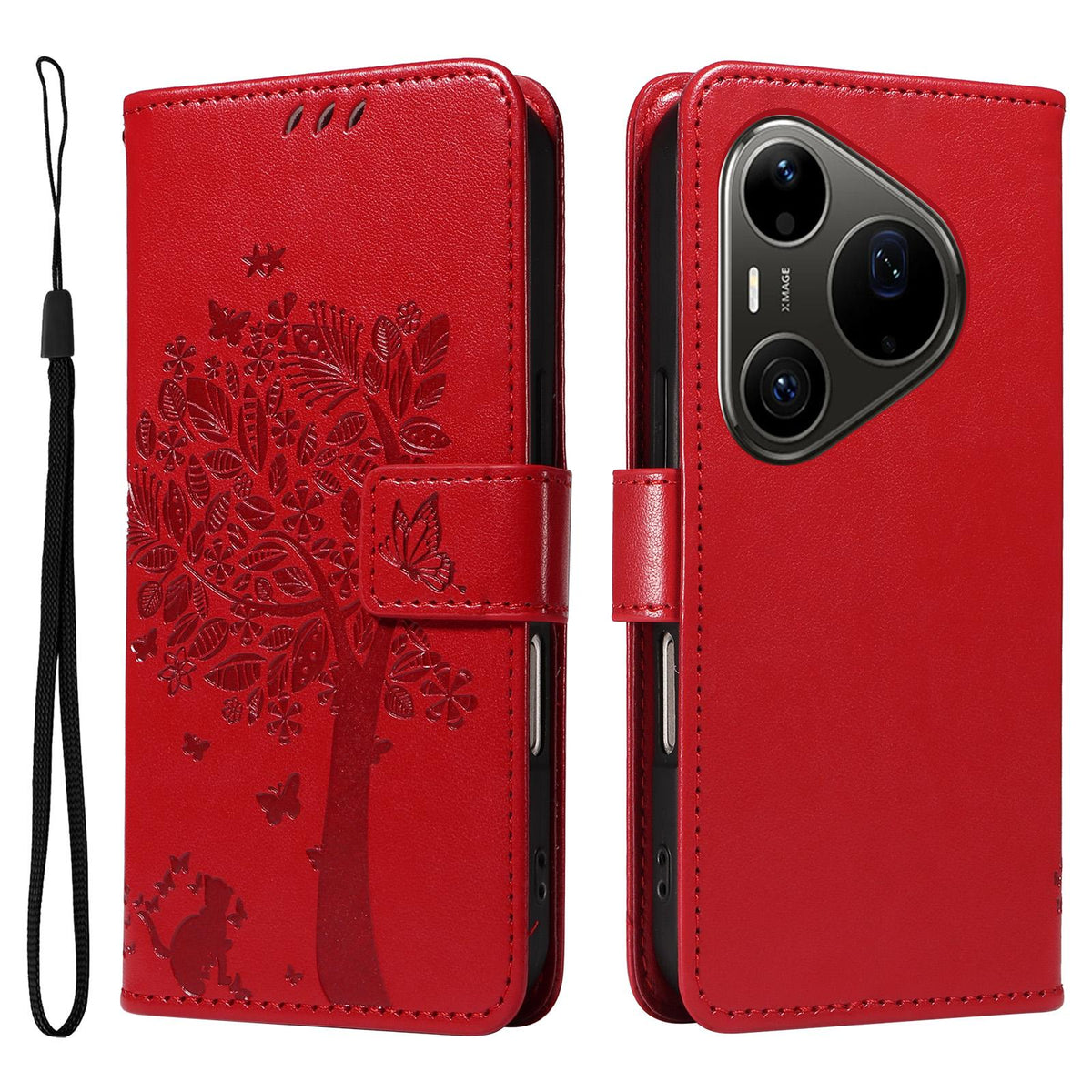 For Huawei Pura 90 Pro Max 5G Tree & Cat Embossed Pattern Flip Leather Phone Case - Red - EDA006653609G