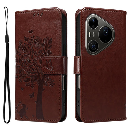 For Huawei Pura 90 Pro Max 5G Tree & Cat Embossed Pattern Flip Leather Phone Case - Coffee - EDA006653609H
