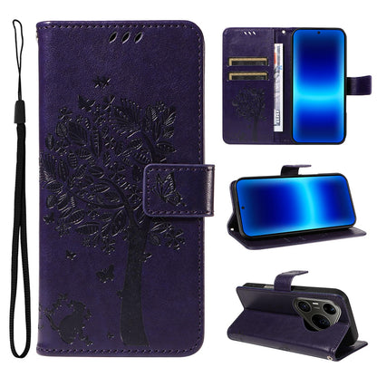 For Huawei Pura 90 Pro Max 5G Tree & Cat Embossed Pattern Flip Leather Phone Case - Purple - EDA006653609I