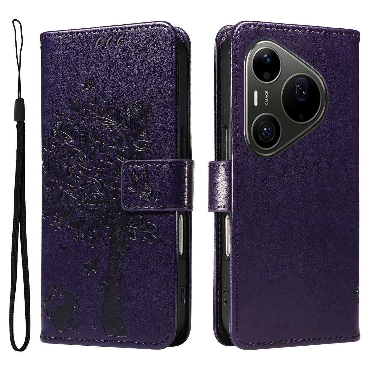 For Huawei Pura 90 Pro Max 5G Tree & Cat Embossed Pattern Flip Leather Phone Case - Purple - EDA006653609I