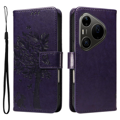 For Huawei Pura 90 Pro Max 5G Tree & Cat Embossed Pattern Flip Leather Phone Case - Purple - EDA006653609I
