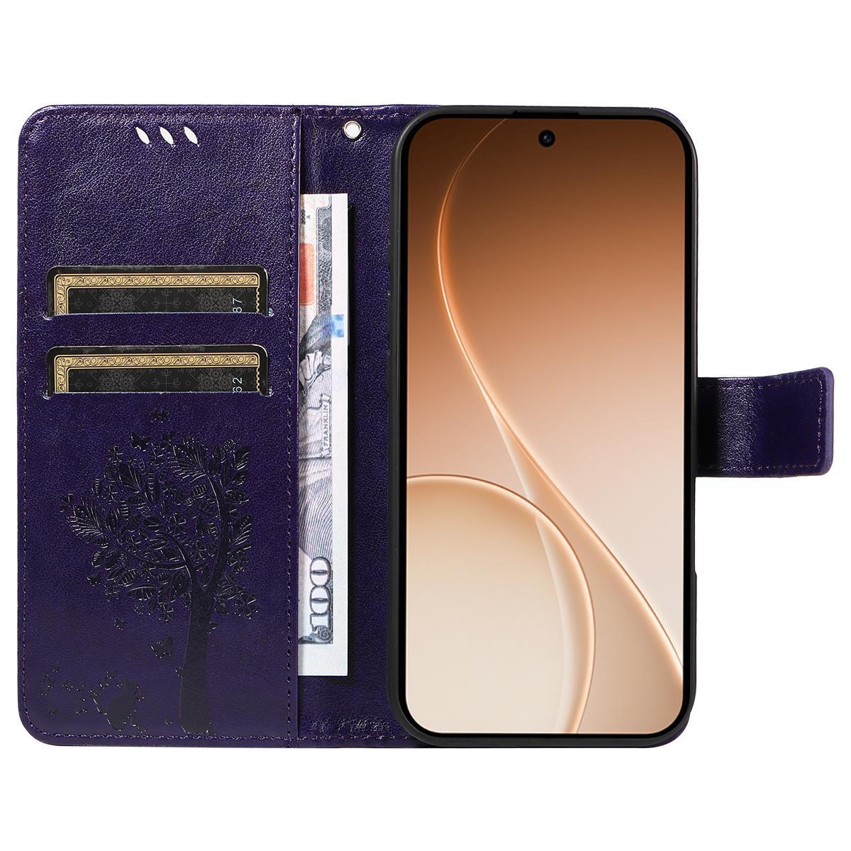 For Huawei Pura 90 Pro Max 5G Tree & Cat Embossed Pattern Flip Leather Phone Case - Purple - EDA006653609I