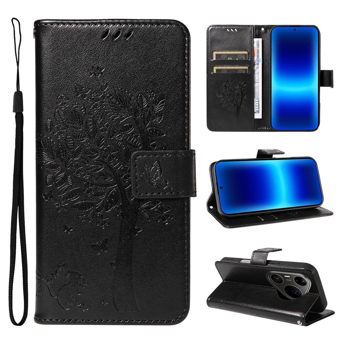 For Huawei Pura 90 Pro Max 5G Tree & Cat Embossed Pattern Flip Leather Phone Case - Black - EDA006653609J