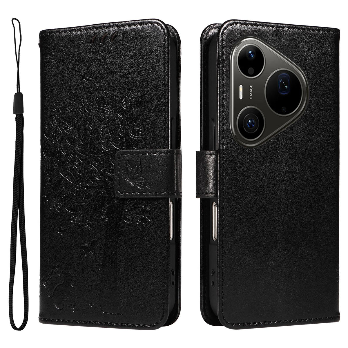 For Huawei Pura 90 Pro Max 5G Tree & Cat Embossed Pattern Flip Leather Phone Case - Black - EDA006653609J