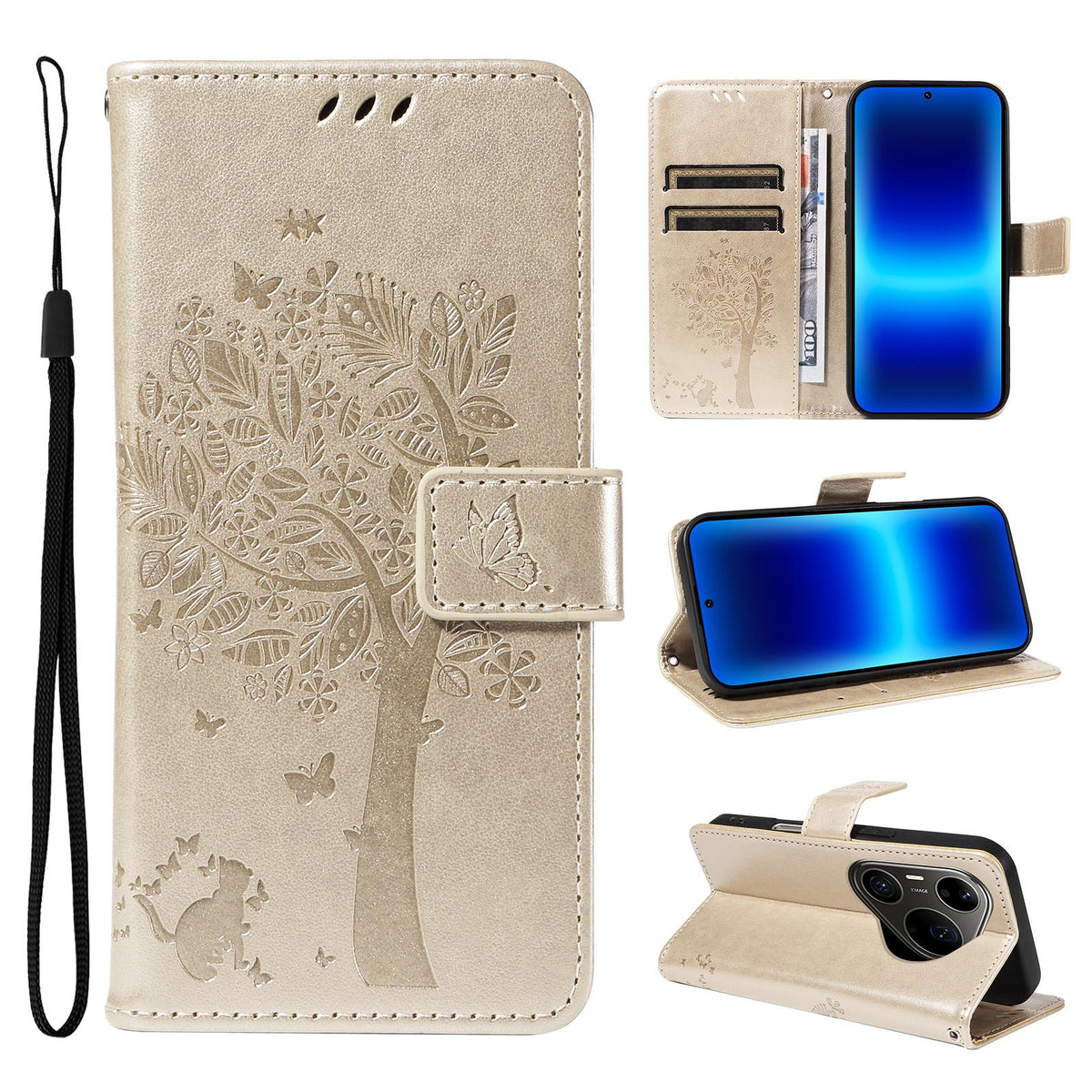 For Huawei Pura 90 Pro Max 5G Tree & Cat Embossed Pattern Flip Leather Phone Case - Gold - EDA006653609K