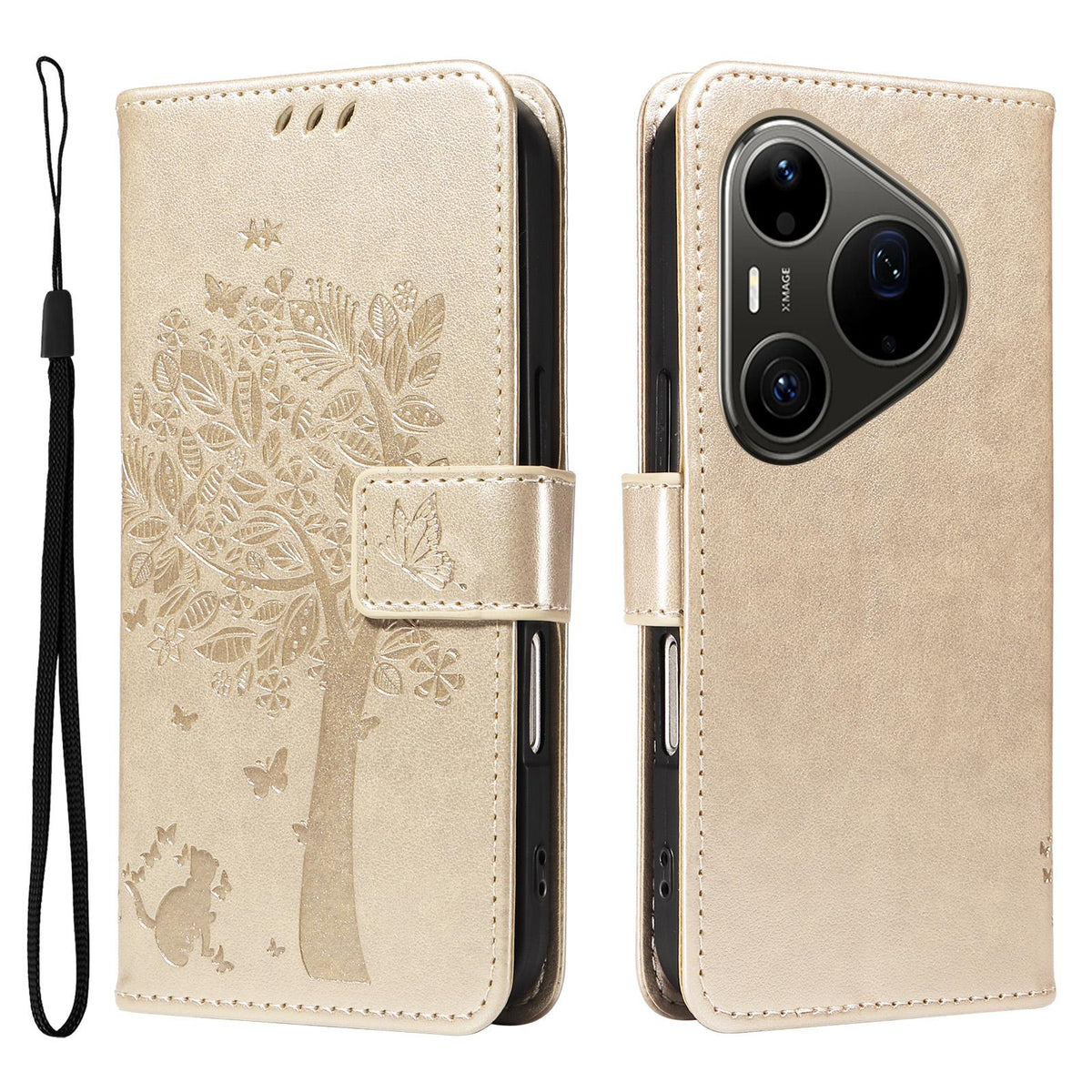 For Huawei Pura 90 Pro Max 5G Tree & Cat Embossed Pattern Flip Leather Phone Case - Gold - EDA006653609K