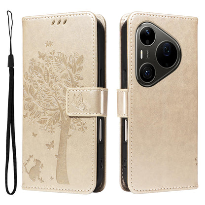 For Huawei Pura 90 Pro Max 5G Tree & Cat Embossed Pattern Flip Leather Phone Case - Gold - EDA006653609K