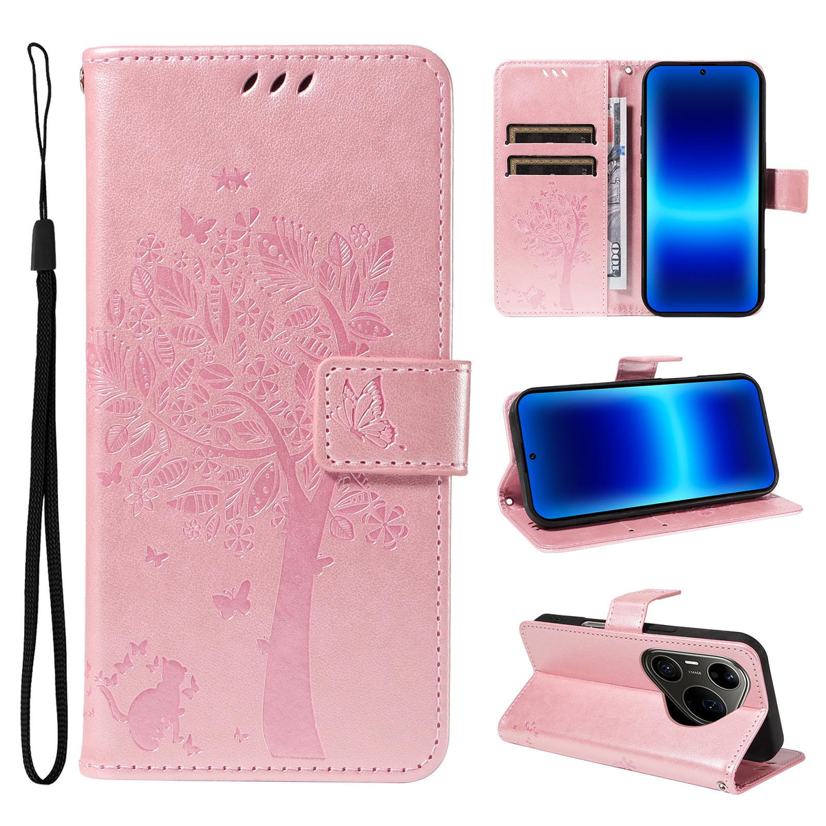 For Huawei Pura 90 Pro Max 5G Tree & Cat Embossed Pattern Flip Leather Phone Case - Rose Gold - EDA006653609L