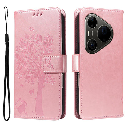 For Huawei Pura 90 Pro Max 5G Tree & Cat Embossed Pattern Flip Leather Phone Case - Rose Gold - EDA006653609L