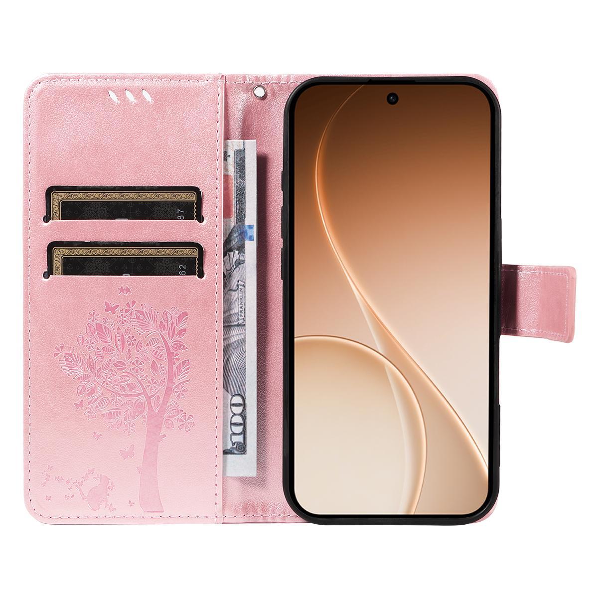 For Huawei Pura 90 Pro Max 5G Tree & Cat Embossed Pattern Flip Leather Phone Case - Rose Gold - EDA006653609L
