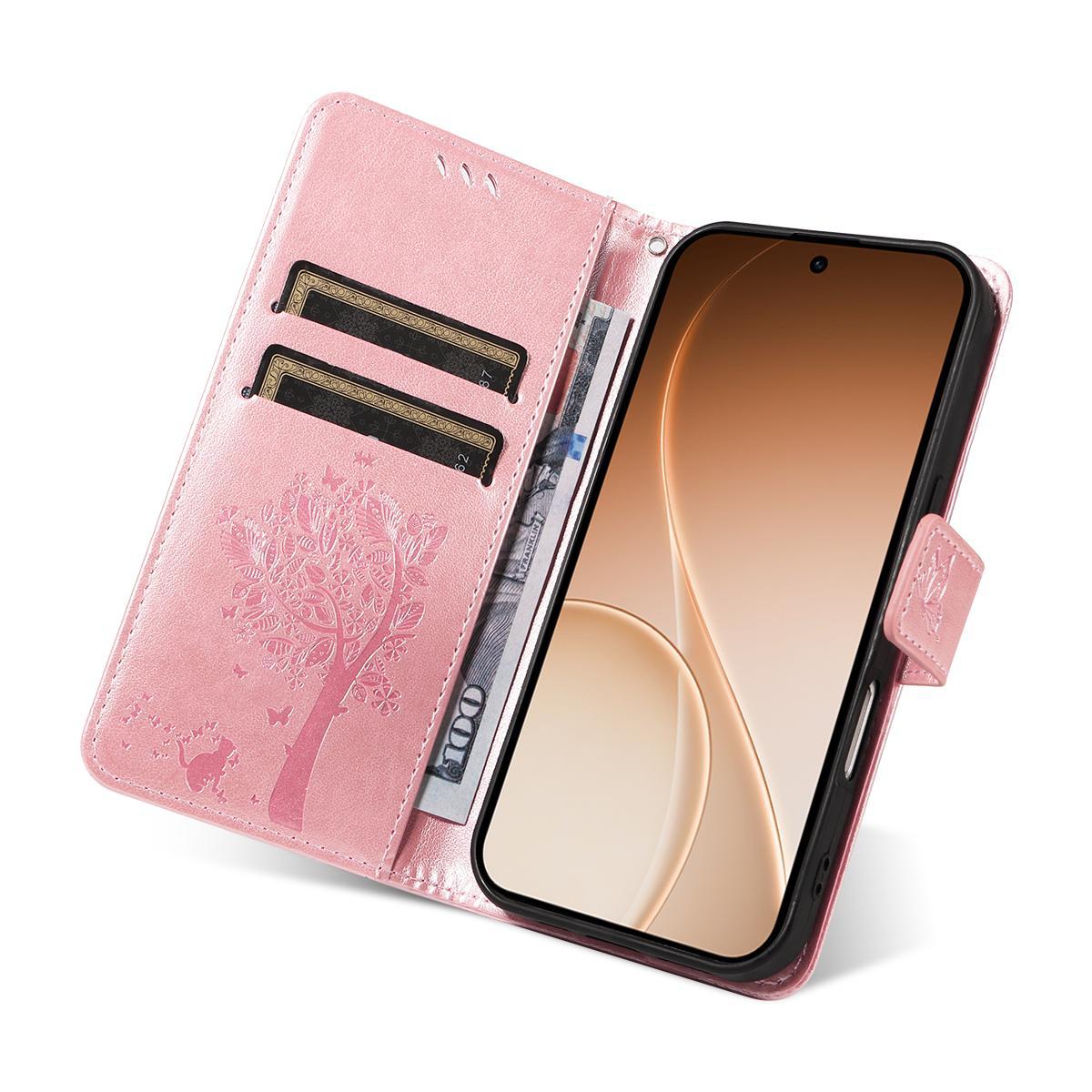For Huawei Pura 90 Pro Max 5G Tree & Cat Embossed Pattern Flip Leather Phone Case - Rose Gold - EDA006653609L