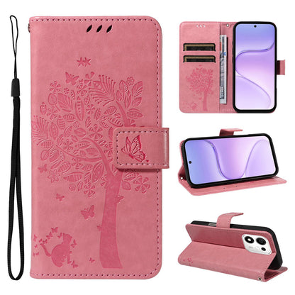 For Honor 600 Smart 5G Tree & Cat Embossed Pattern Flip Leather Phone Case - Pink - EDA006653719A