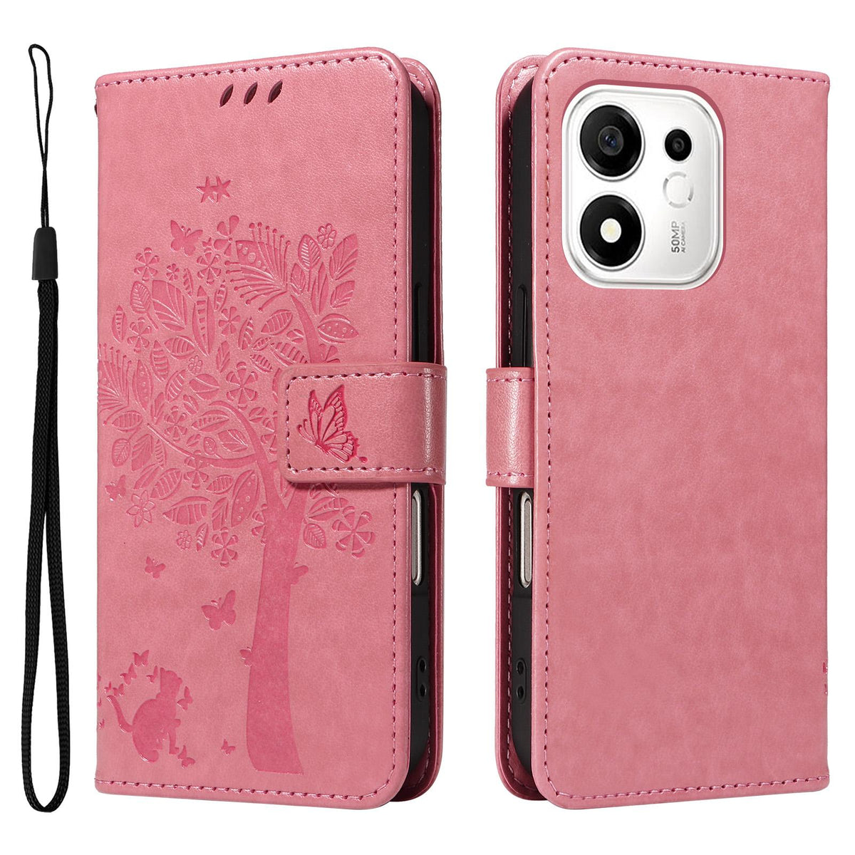 For Honor 600 Smart 5G Tree & Cat Embossed Pattern Flip Leather Phone Case - Pink - EDA006653719A