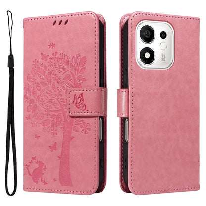 For Honor 600 Smart 5G Tree & Cat Embossed Pattern Flip Leather Phone Case - Pink - EDA006653719A
