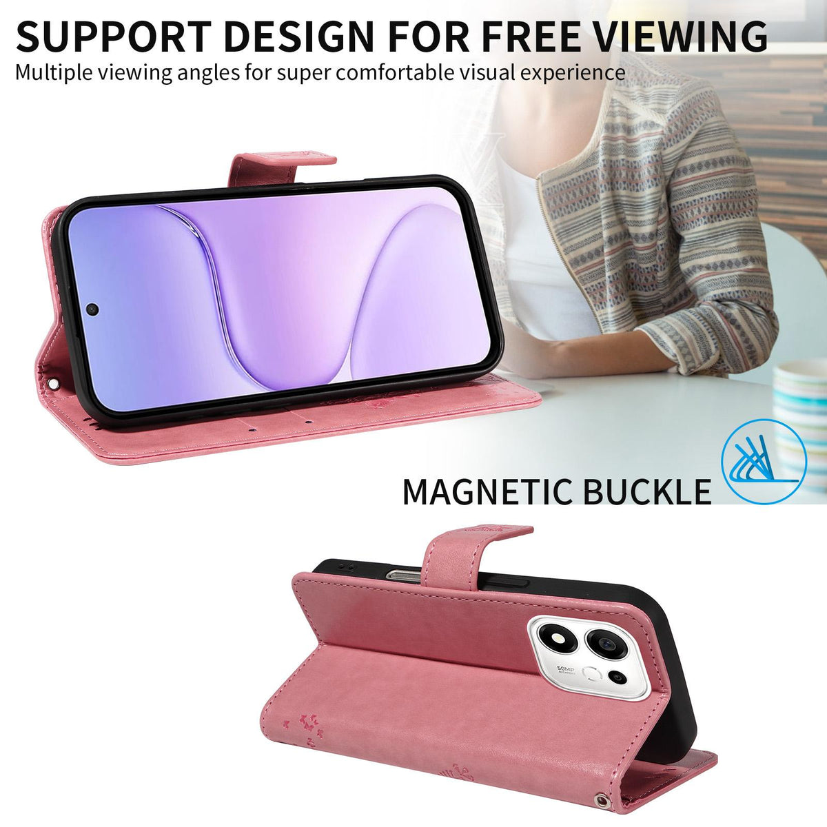 For Honor 600 Smart 5G Tree & Cat Embossed Pattern Flip Leather Phone Case - Pink - EDA006653719A