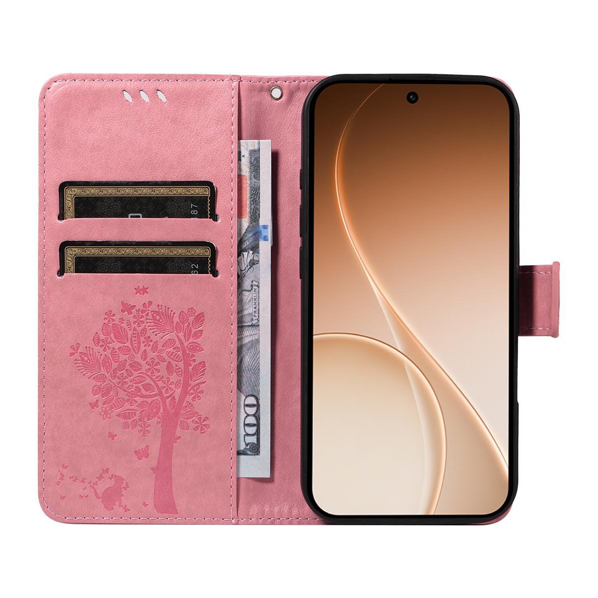 For Honor 600 Smart 5G Tree & Cat Embossed Pattern Flip Leather Phone Case - Pink - EDA006653719A
