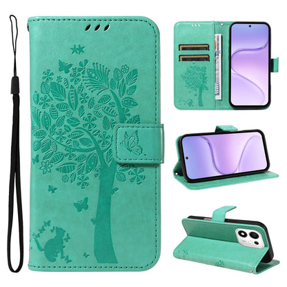For Honor 600 Smart 5G Tree & Cat Embossed Pattern Flip Leather Phone Case - Green - EDA006653719B
