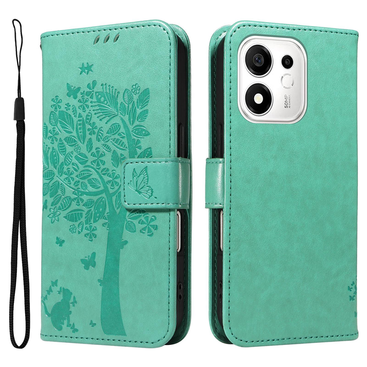 For Honor 600 Smart 5G Tree & Cat Embossed Pattern Flip Leather Phone Case - Green - EDA006653719B