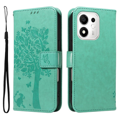 For Honor 600 Smart 5G Tree & Cat Embossed Pattern Flip Leather Phone Case - Green - EDA006653719B