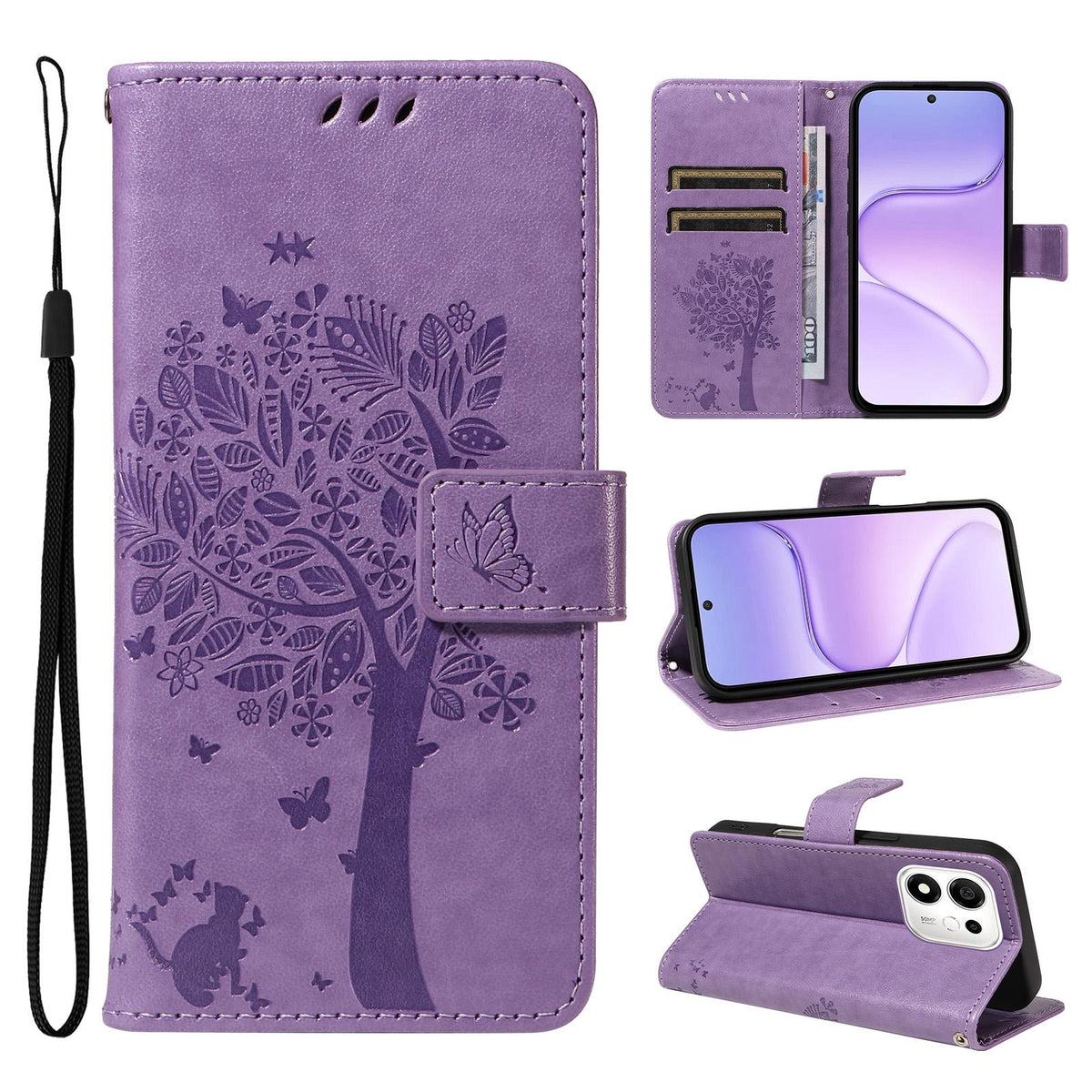 For Honor 600 Smart 5G Tree & Cat Embossed Pattern Flip Leather Phone Case - Light Purple - EDA006653719C