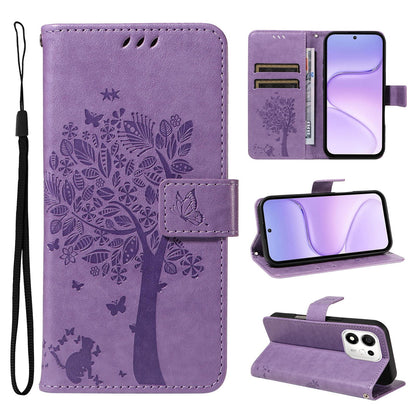 For Honor 600 Smart 5G Tree & Cat Embossed Pattern Flip Leather Phone Case - Light Purple - EDA006653719C
