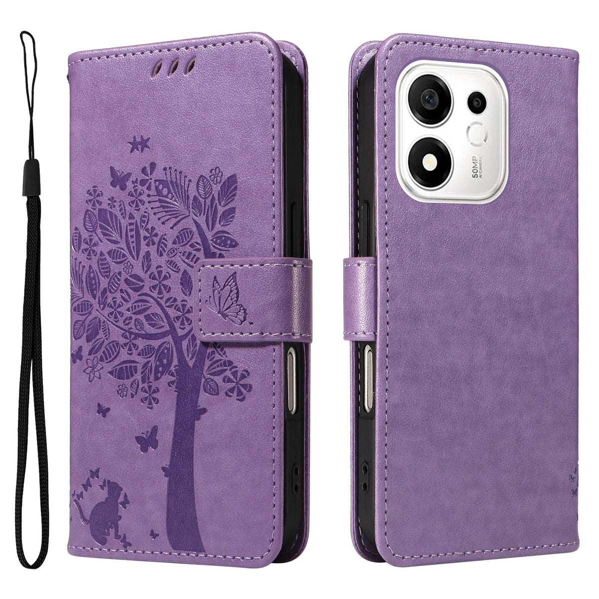 For Honor 600 Smart 5G Tree & Cat Embossed Pattern Flip Leather Phone Case - Light Purple - EDA006653719C