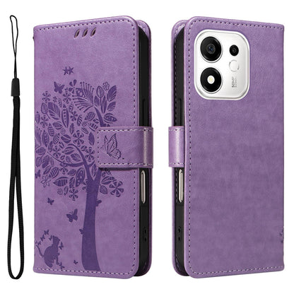 For Honor 600 Smart 5G Tree & Cat Embossed Pattern Flip Leather Phone Case - Light Purple - EDA006653719C