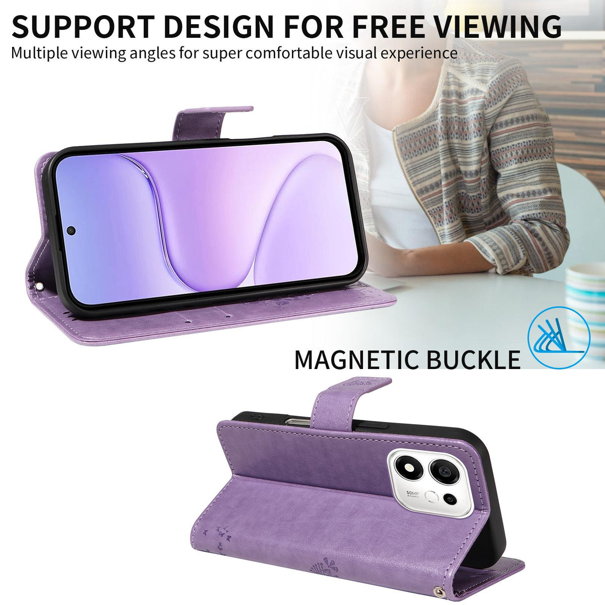 For Honor 600 Smart 5G Tree & Cat Embossed Pattern Flip Leather Phone Case - Light Purple - EDA006653719C
