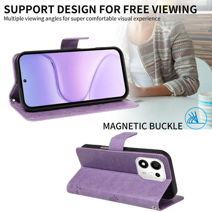 For Honor 600 Smart 5G Tree & Cat Embossed Pattern Flip Leather Phone Case - Light Purple - EDA006653719C