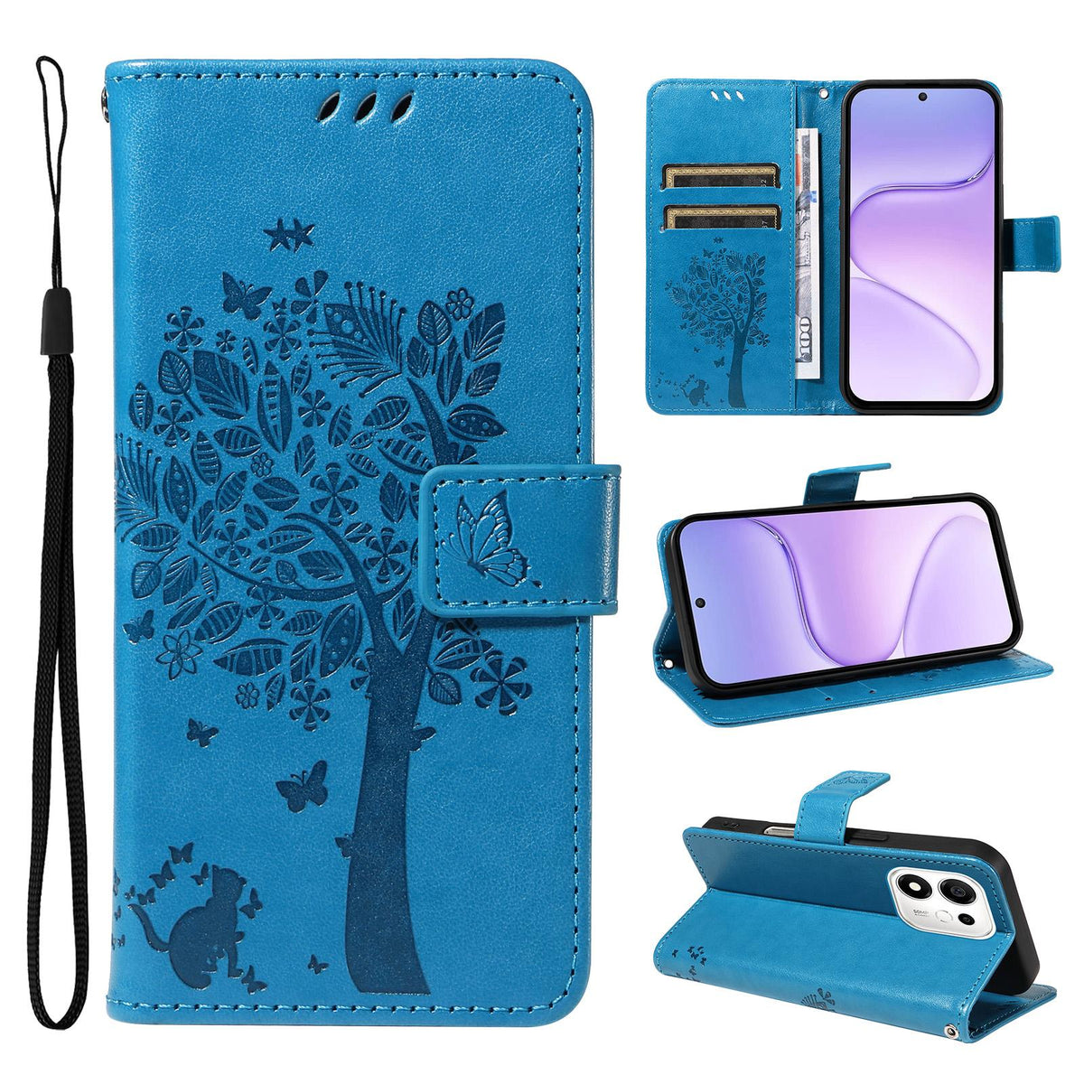 For Honor 600 Smart 5G Tree & Cat Embossed Pattern Flip Leather Phone Case - Blue - EDA006653719D