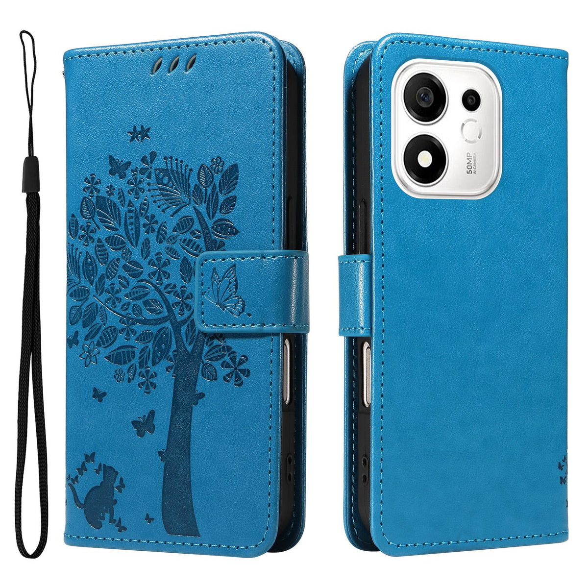 For Honor 600 Smart 5G Tree & Cat Embossed Pattern Flip Leather Phone Case - Blue - EDA006653719D