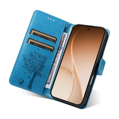 For Honor 600 Smart 5G Tree & Cat Embossed Pattern Flip Leather Phone Case - Blue - EDA006653719D