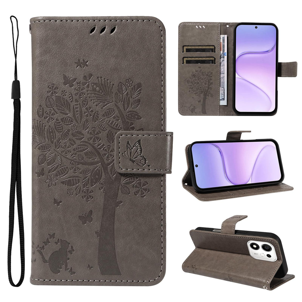 For Honor 600 Smart 5G Tree & Cat Embossed Pattern Flip Leather Phone Case - Grey - EDA006653719E