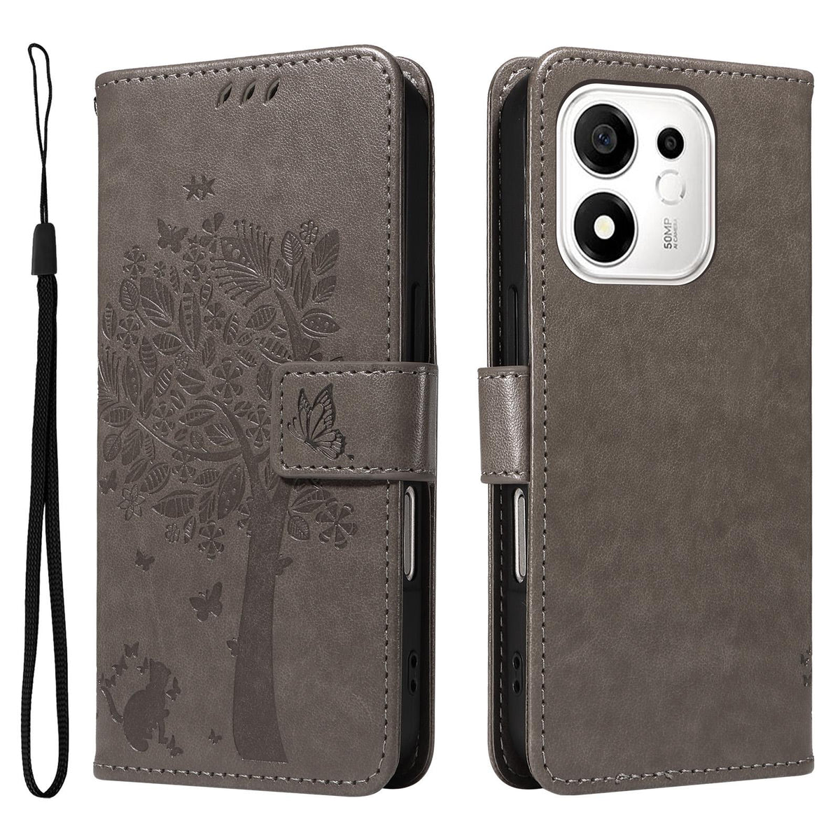 For Honor 600 Smart 5G Tree & Cat Embossed Pattern Flip Leather Phone Case - Grey - EDA006653719E