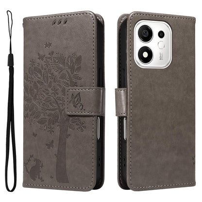 For Honor 600 Smart 5G Tree & Cat Embossed Pattern Flip Leather Phone Case - Grey - EDA006653719E