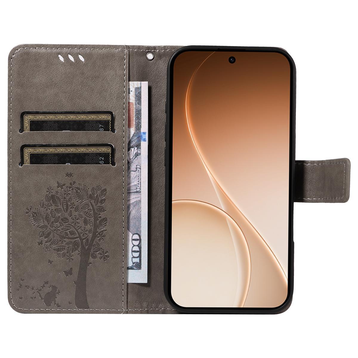 For Honor 600 Smart 5G Tree & Cat Embossed Pattern Flip Leather Phone Case - Grey - EDA006653719E