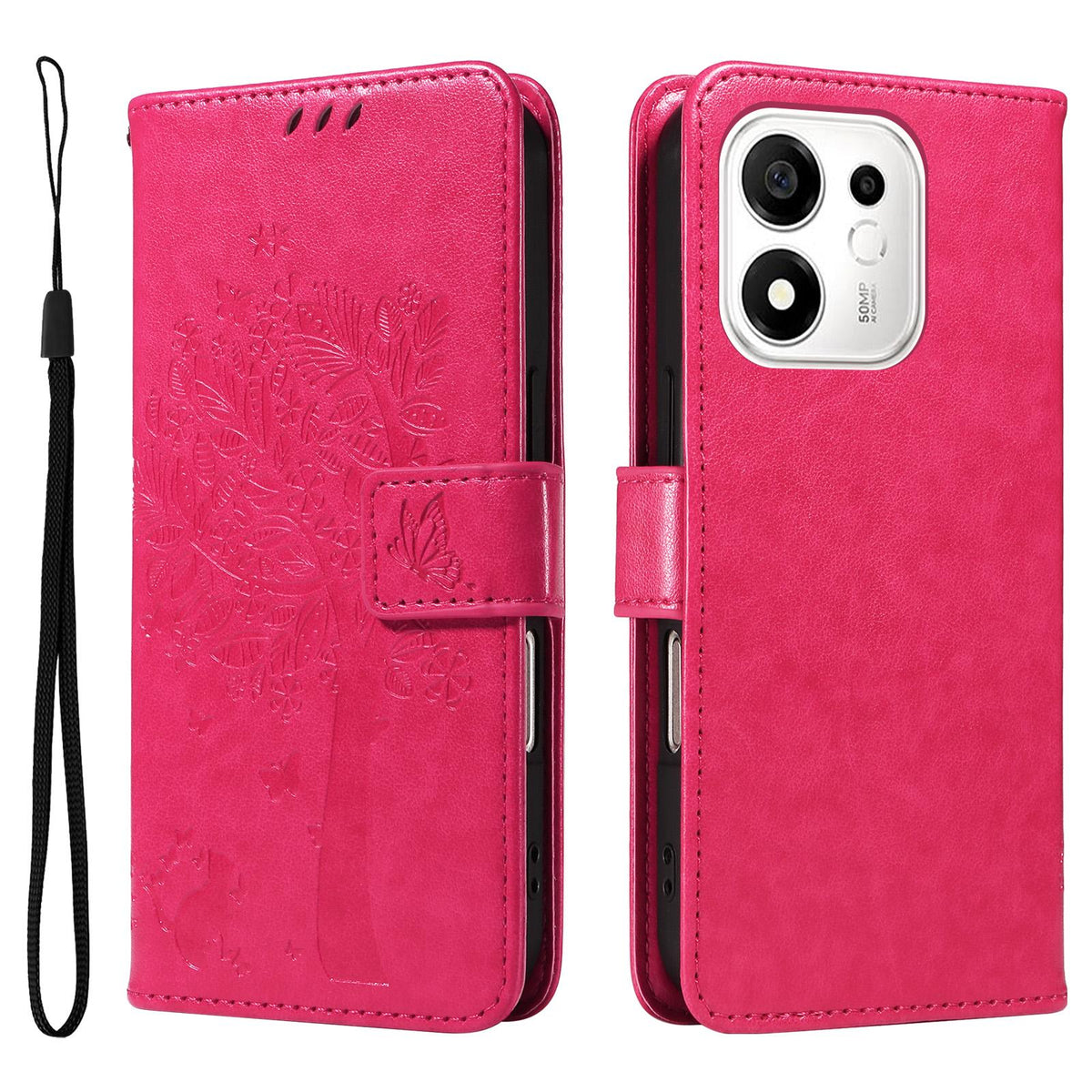 For Honor 600 Smart 5G Tree & Cat Embossed Pattern Flip Leather Phone Case - Rose Red - EDA006653719F
