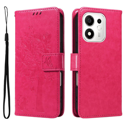 For Honor 600 Smart 5G Tree & Cat Embossed Pattern Flip Leather Phone Case - Rose Red - EDA006653719F