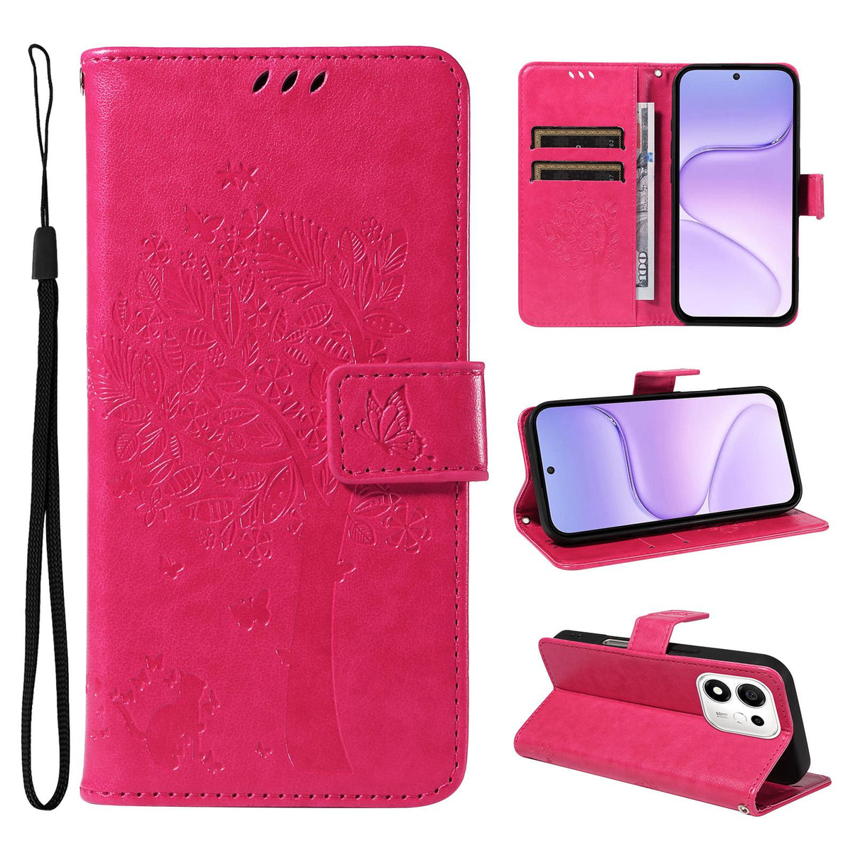 For Honor 600 Smart 5G Tree & Cat Embossed Pattern Flip Leather Phone Case - Rose Red - EDA006653719F