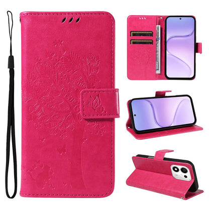 For Honor 600 Smart 5G Tree & Cat Embossed Pattern Flip Leather Phone Case - Rose Red - EDA006653719F