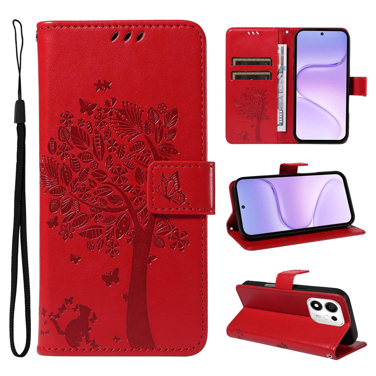 For Honor 600 Smart 5G Tree & Cat Embossed Pattern Flip Leather Phone Case - Red - EDA006653719G