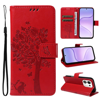 For Honor 600 Smart 5G Tree & Cat Embossed Pattern Flip Leather Phone Case - Red - EDA006653719G