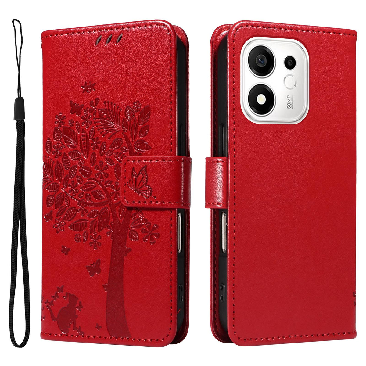 For Honor 600 Smart 5G Tree & Cat Embossed Pattern Flip Leather Phone Case - Red - EDA006653719G